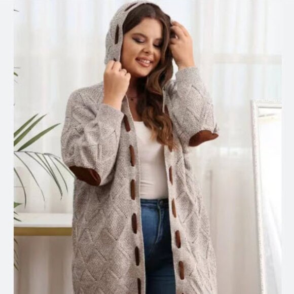 Large Camisa light gray hooded cardigan with brown elbow patches and stitching - Picture 10 of 13